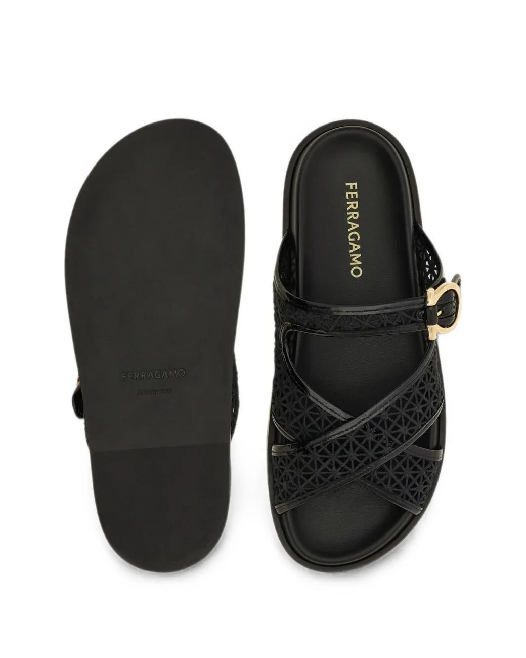 Ferragamo Black Gancini Buckle Crossover Slides