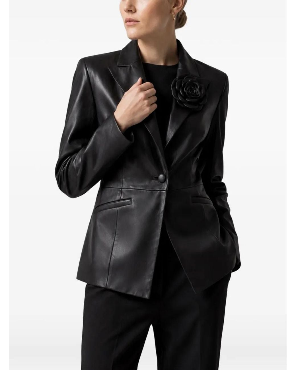 Philipp Plein Black Fitted Leather Blazer Flower