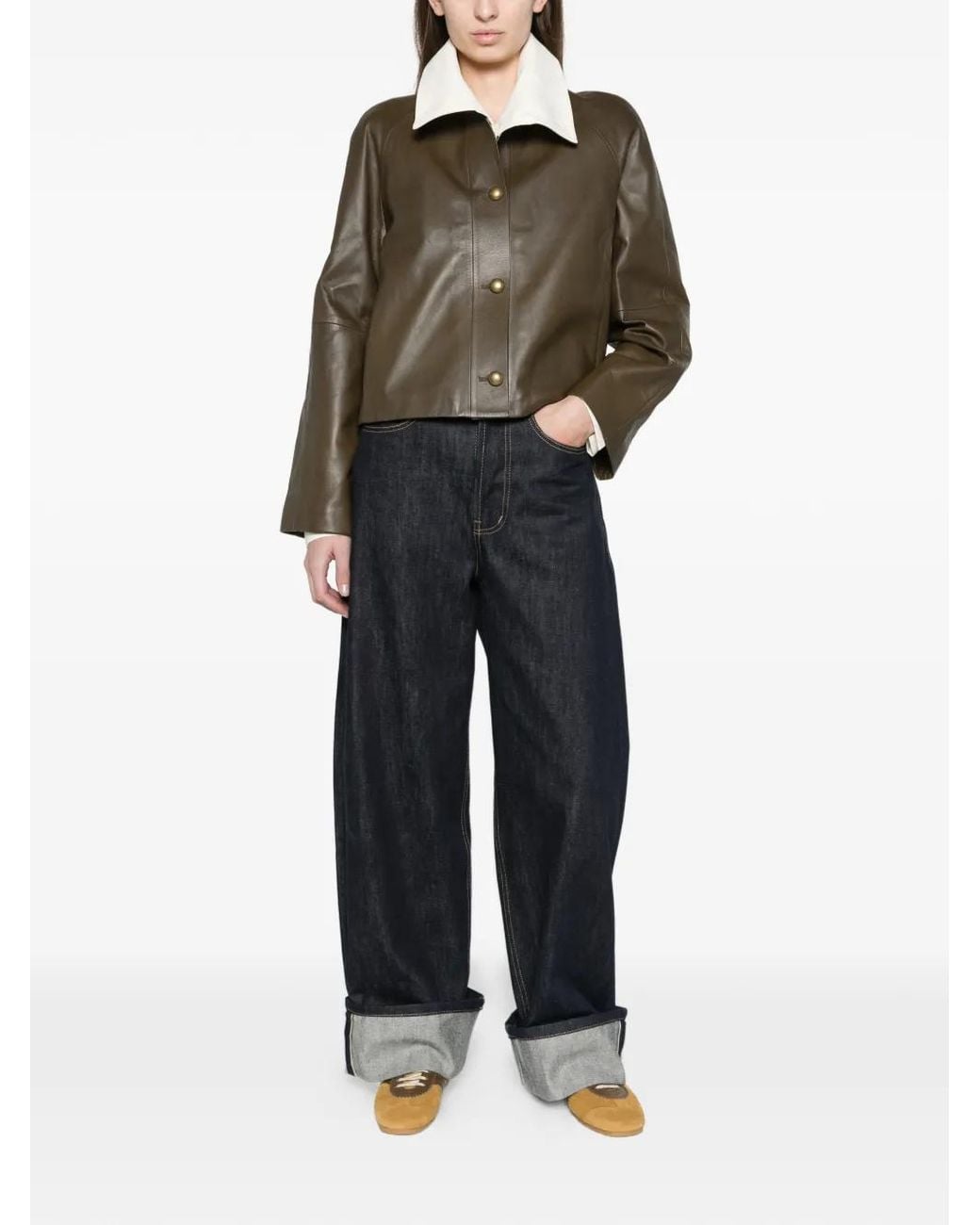 Max Mara Brown Nappa Leather Crew-Neck Jacket