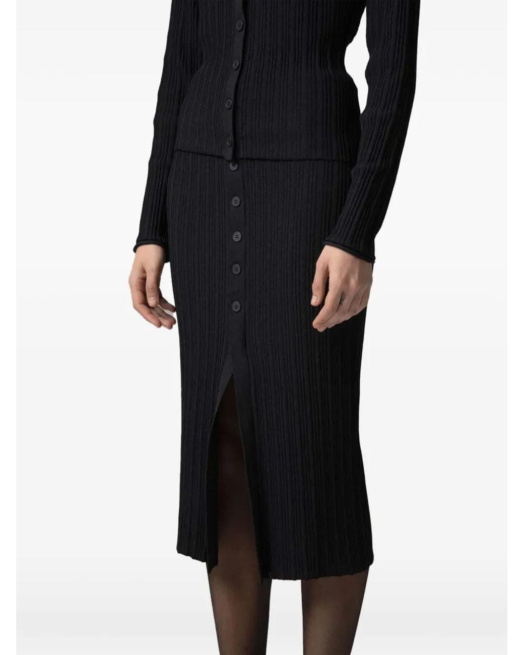 Gaelle Paris Black Ribbed-Knit Button-Up Midi Pencil Skirt