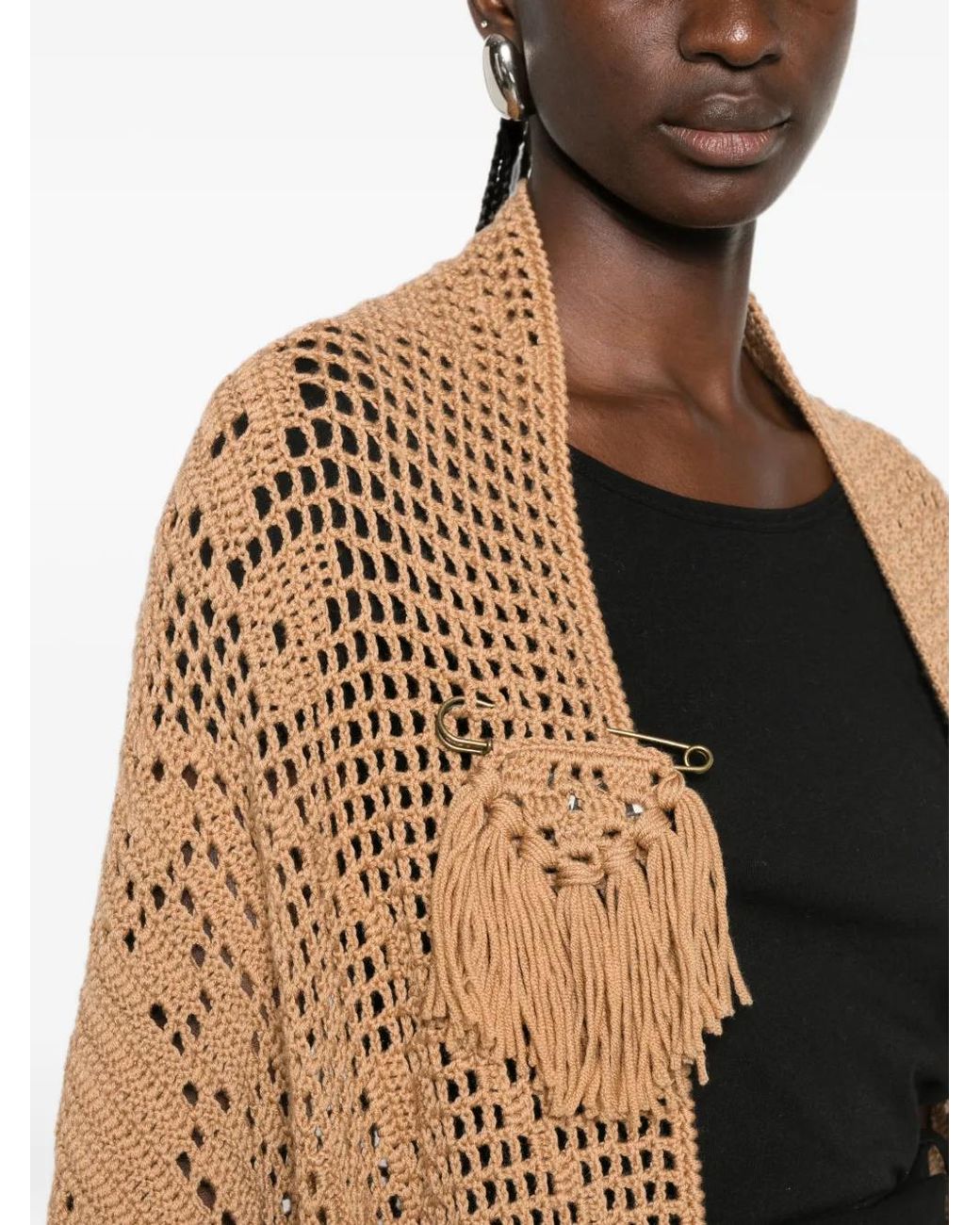 Chiara Is Natural Peonia Fringed-Trim Crochet-Knit Poncho