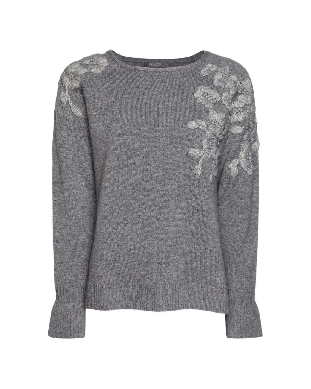 Elena Miro Gray Floral-Embroidered Sweater