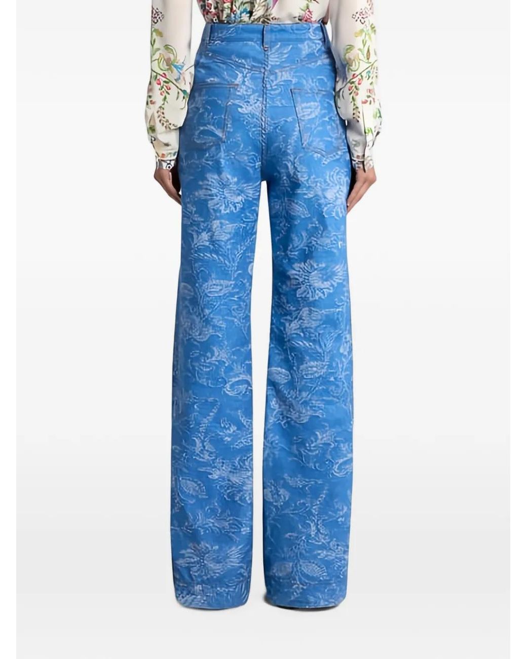 Etro Blue Flared Cotton And Linen Jacquard Denim Jeans With Floral Motif