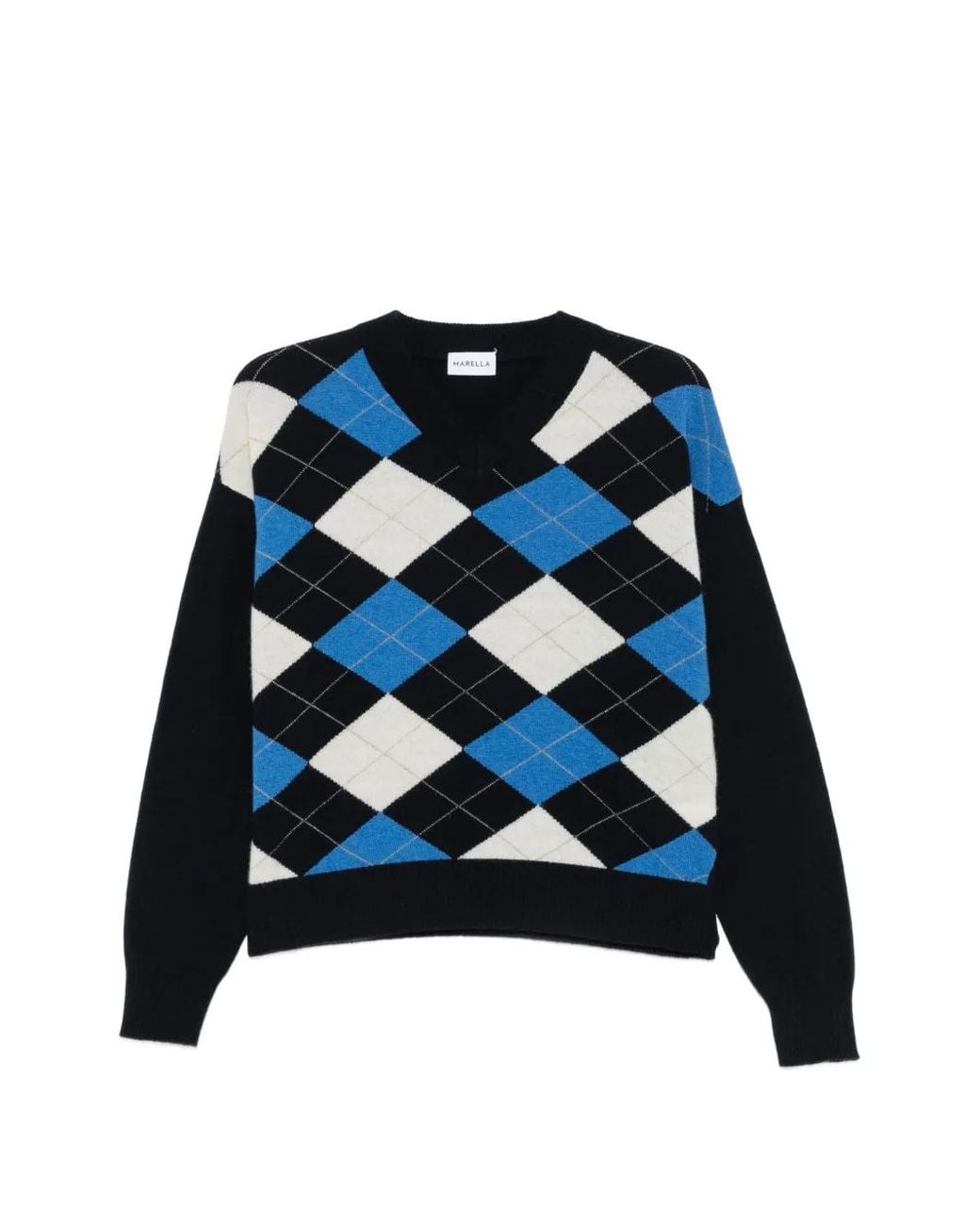 Marella Blue Buono Argyle-Intarsia V-Neck Sweater