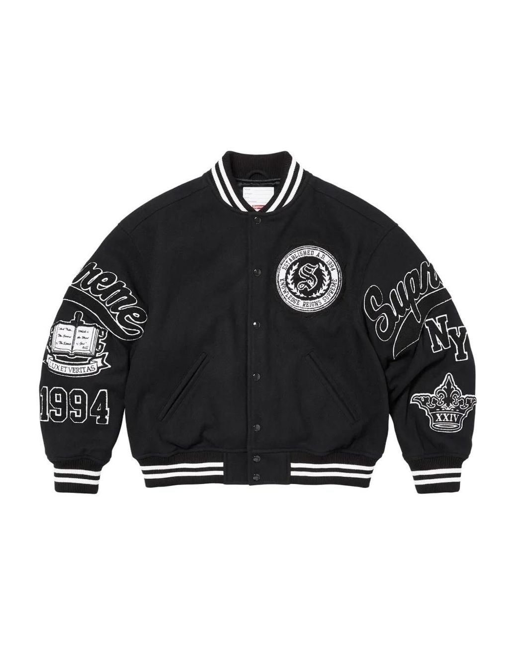 Supreme Black Veritas Varsity Jacket for men