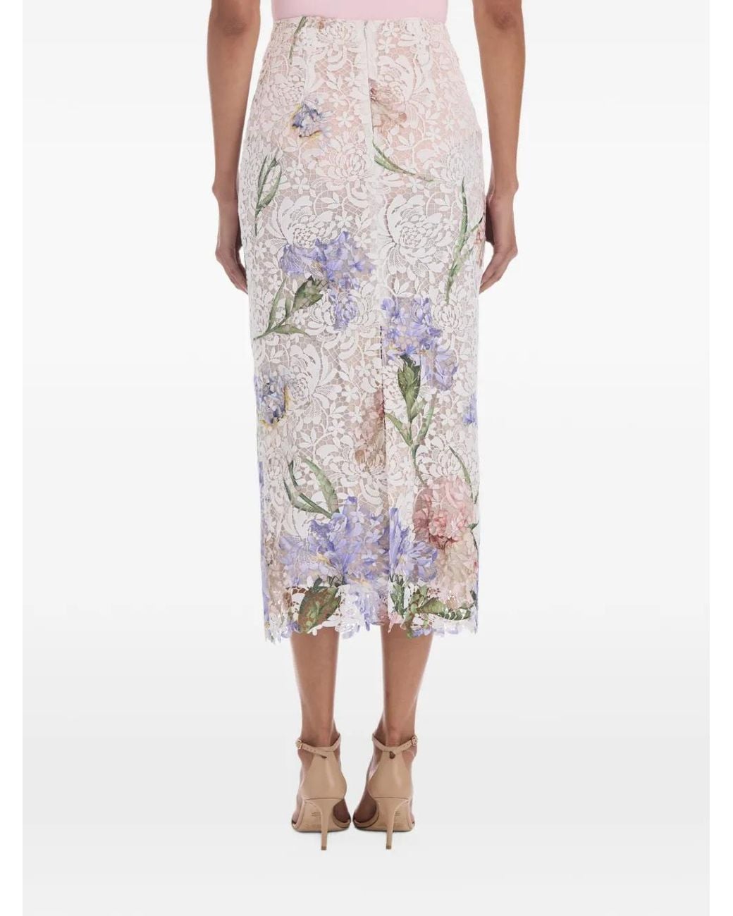 Oscar de la Renta White Iris-Print Lace Midi Pencil Skirt