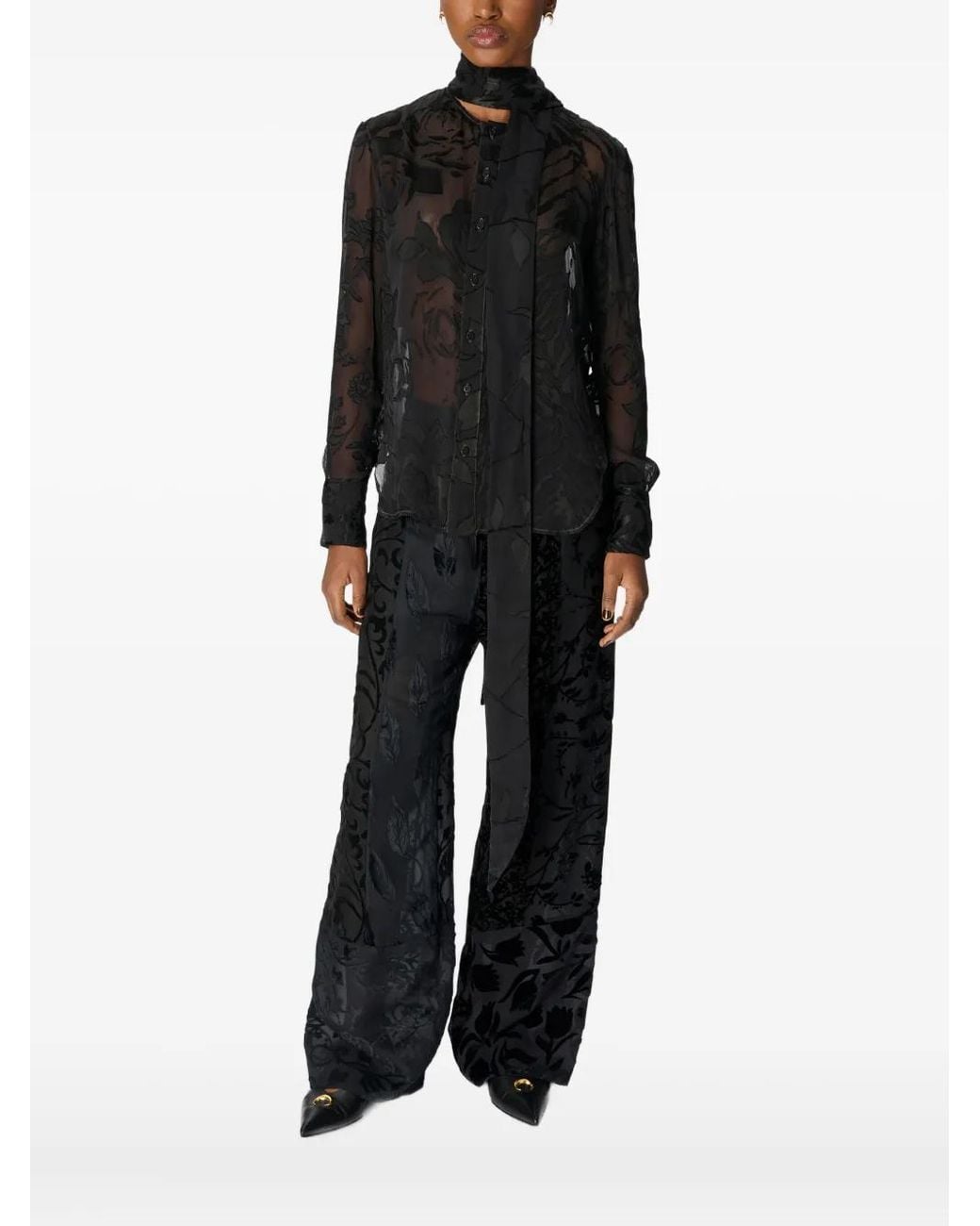 MARINE SERRE Black Floral-Print Silk Scarf Blouse