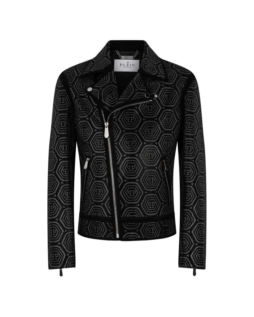 Philipp Plein Black Monogram Stone Biker Jacket for men
