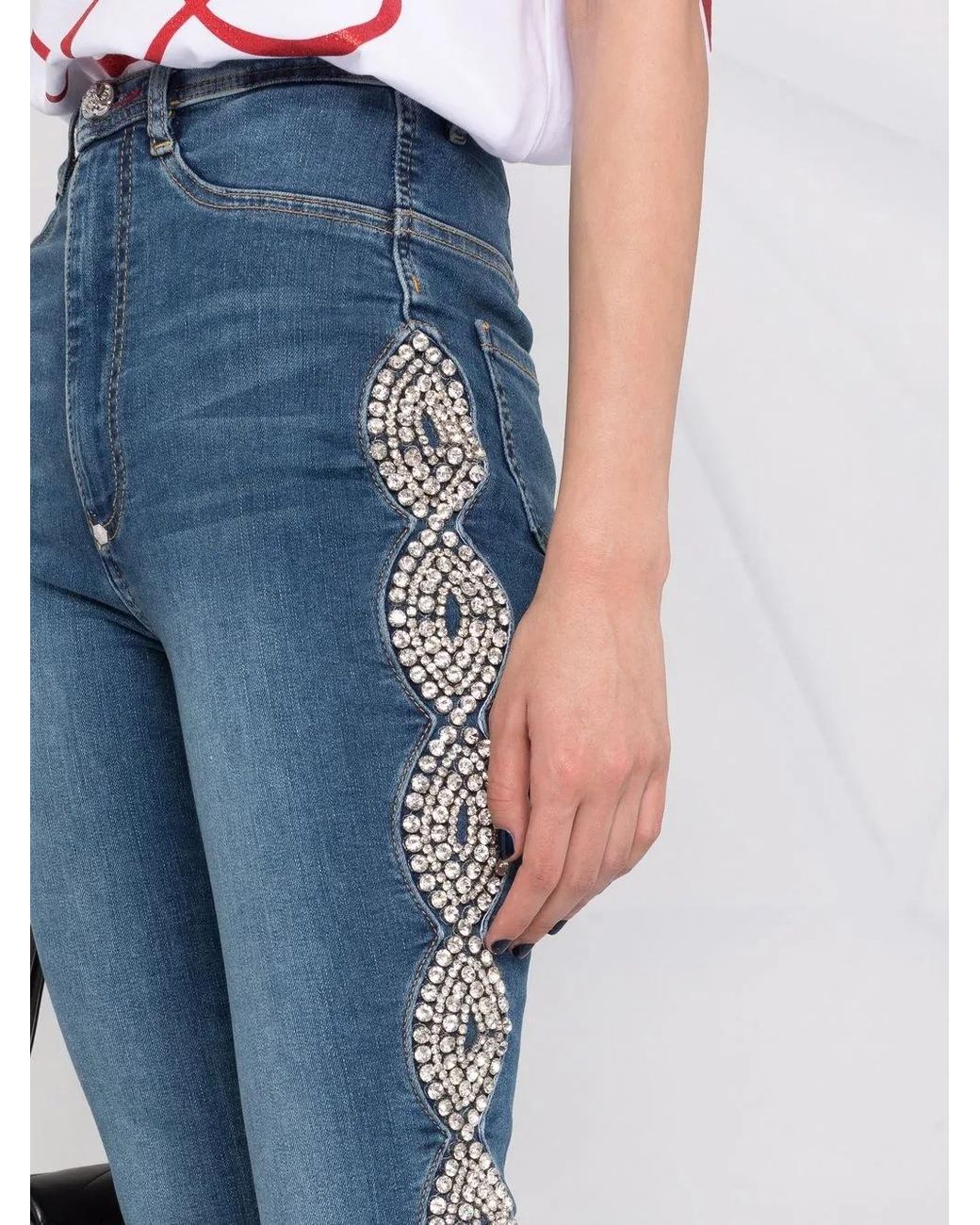 Philipp Plein Blue Crystal-Cable High-Waist Jeggings