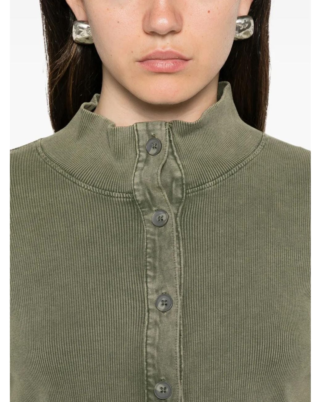 Bobi Green Ribbed-Knit High-Neck Cardigan