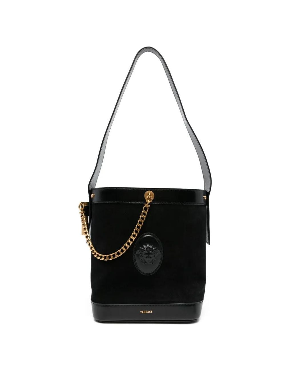 Versace Black Pivot Small Suede Bucket Bag