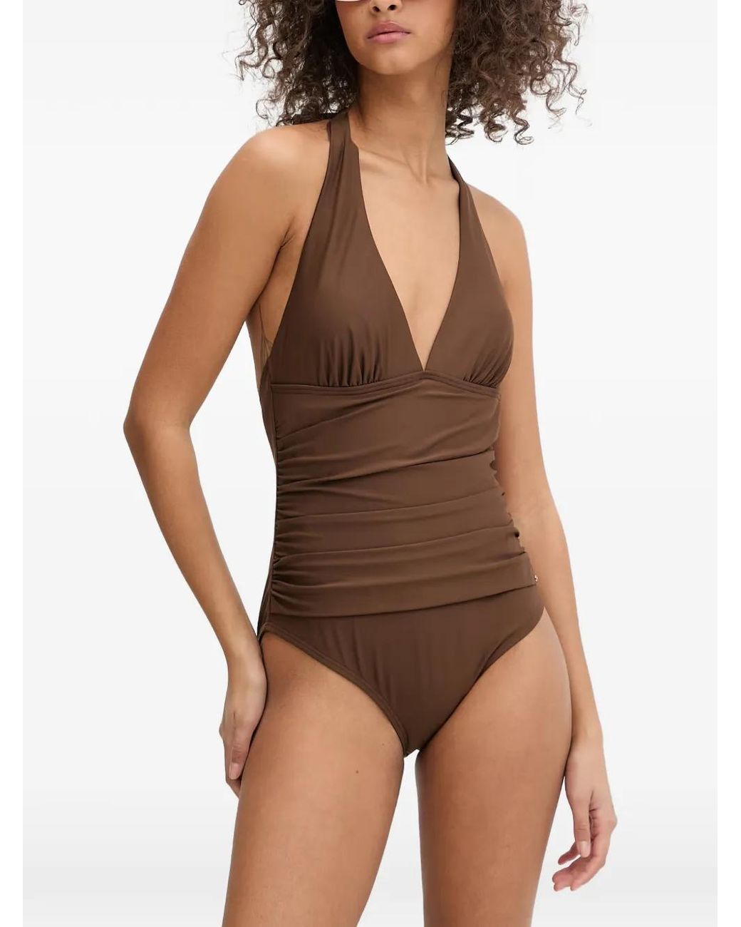 DKNY Brown Ruched Halterneck Swimsuit