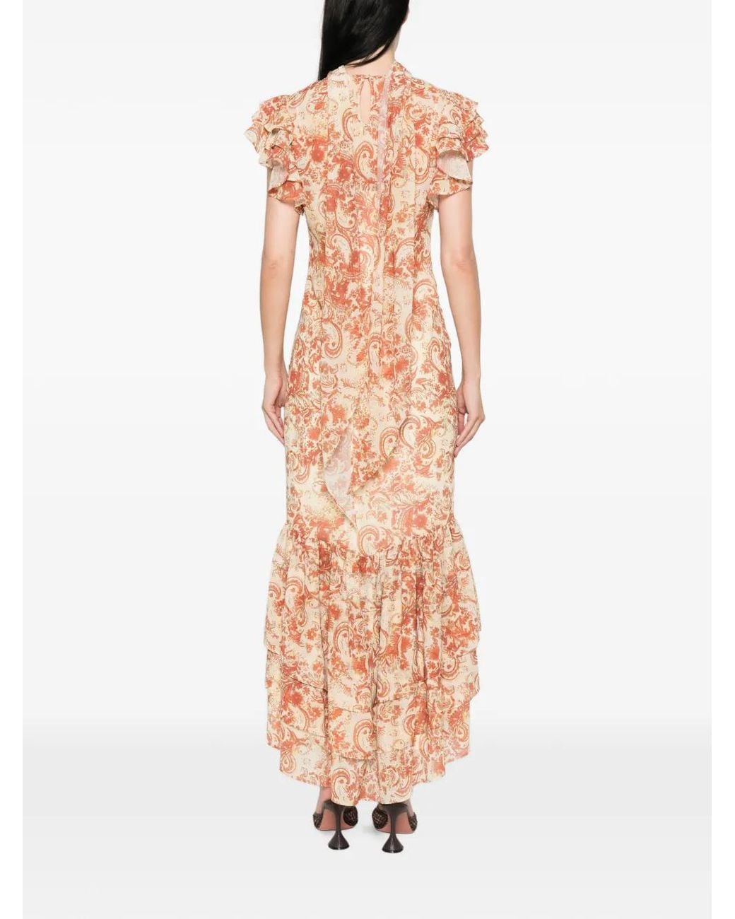 De La Vali White Avalon Paisley-Print Ruffled Maxi Dress