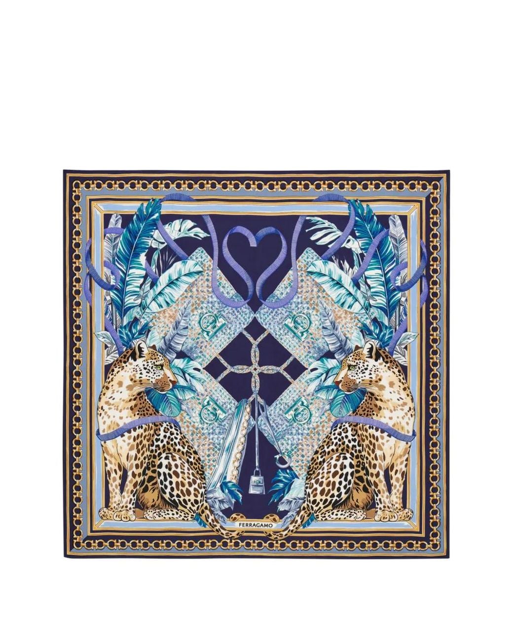 Ferragamo Blue Poised Leopards-Print Silk Scarf