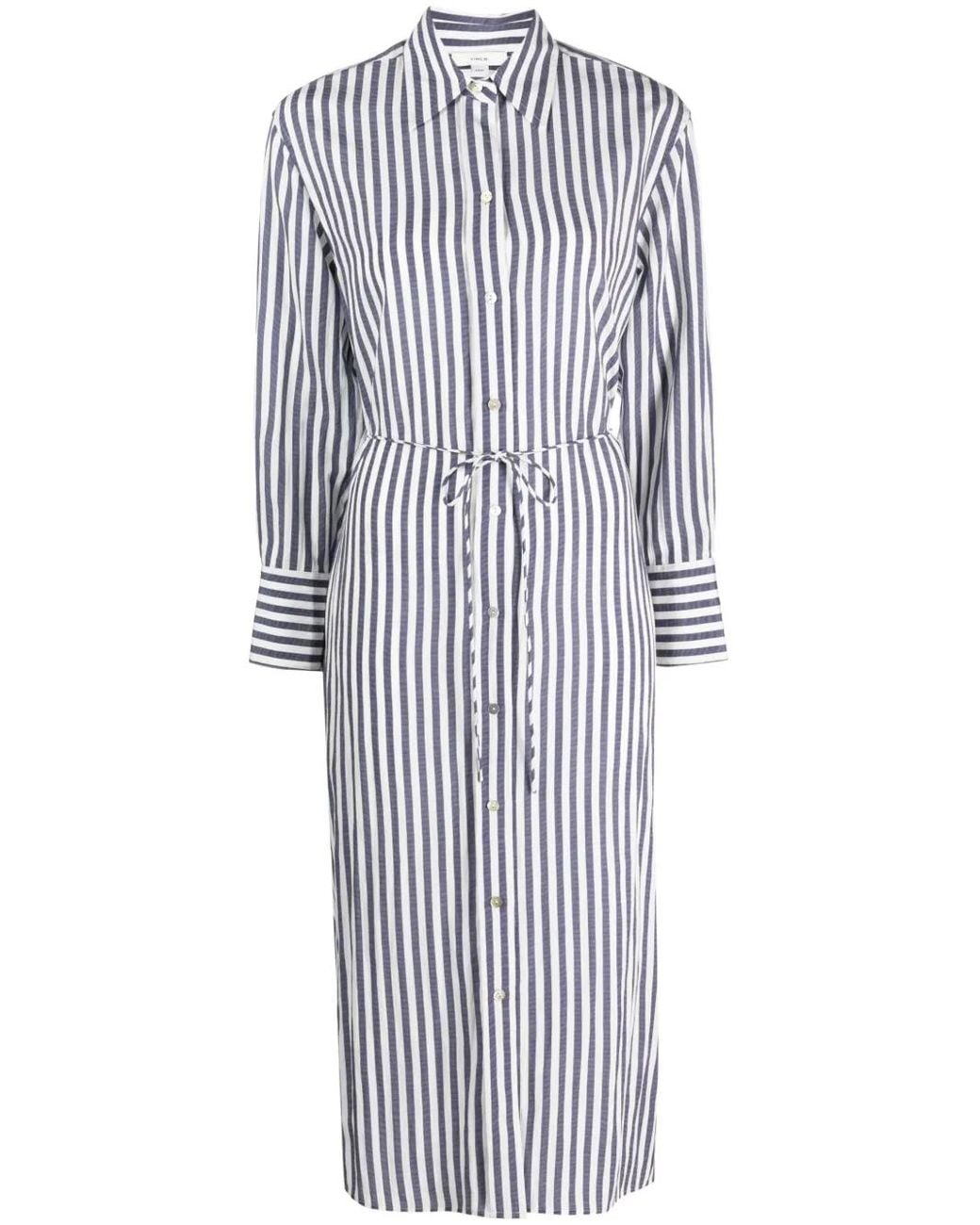 Vince Blue Striped Belted Midi Shirt Dress