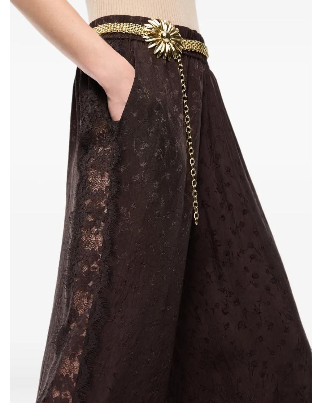 Pinko Black Palazzo Trousers With Floral Motif And Lace Trim