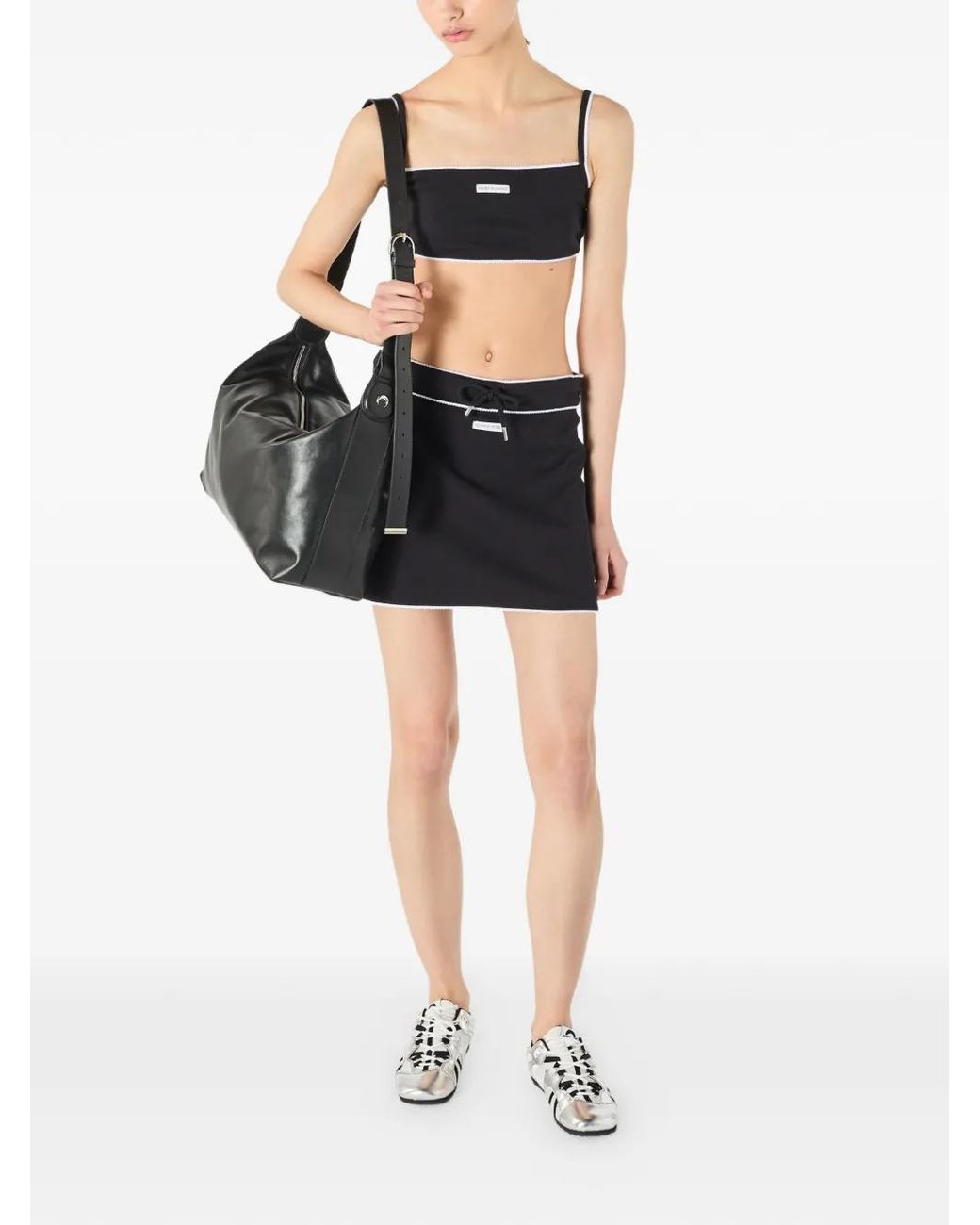 MARINE SERRE Black Ribbed Drawstring Waist Mini Skirt