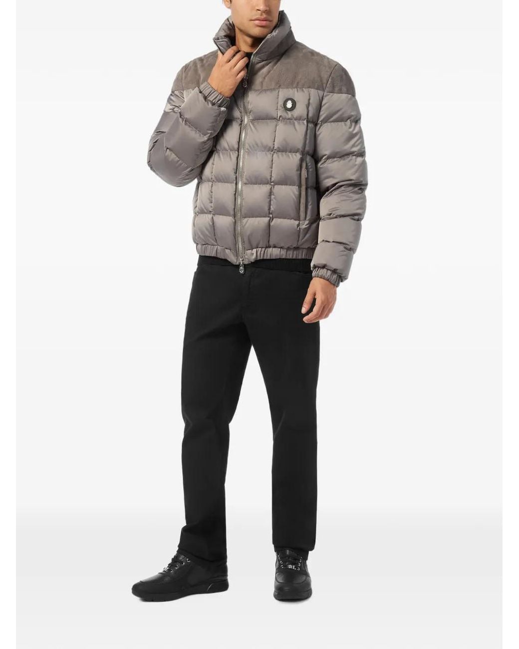 Billionaire Gray Quilted Suede-Panel Puffer Jacket for men