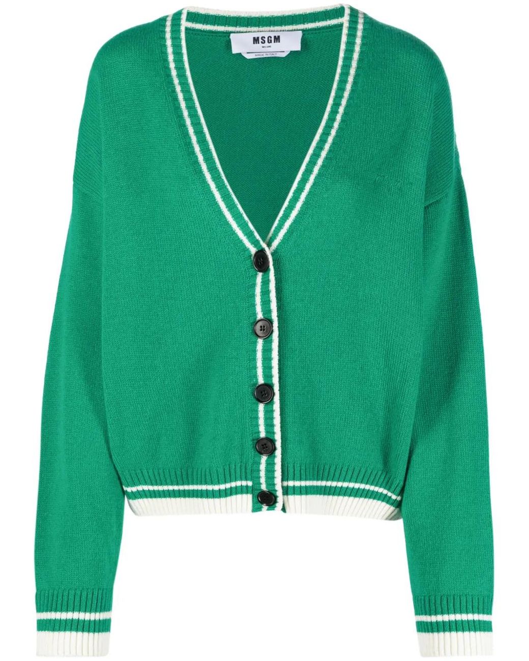 MSGM Green Striped-Edge Knitted Cardigan
