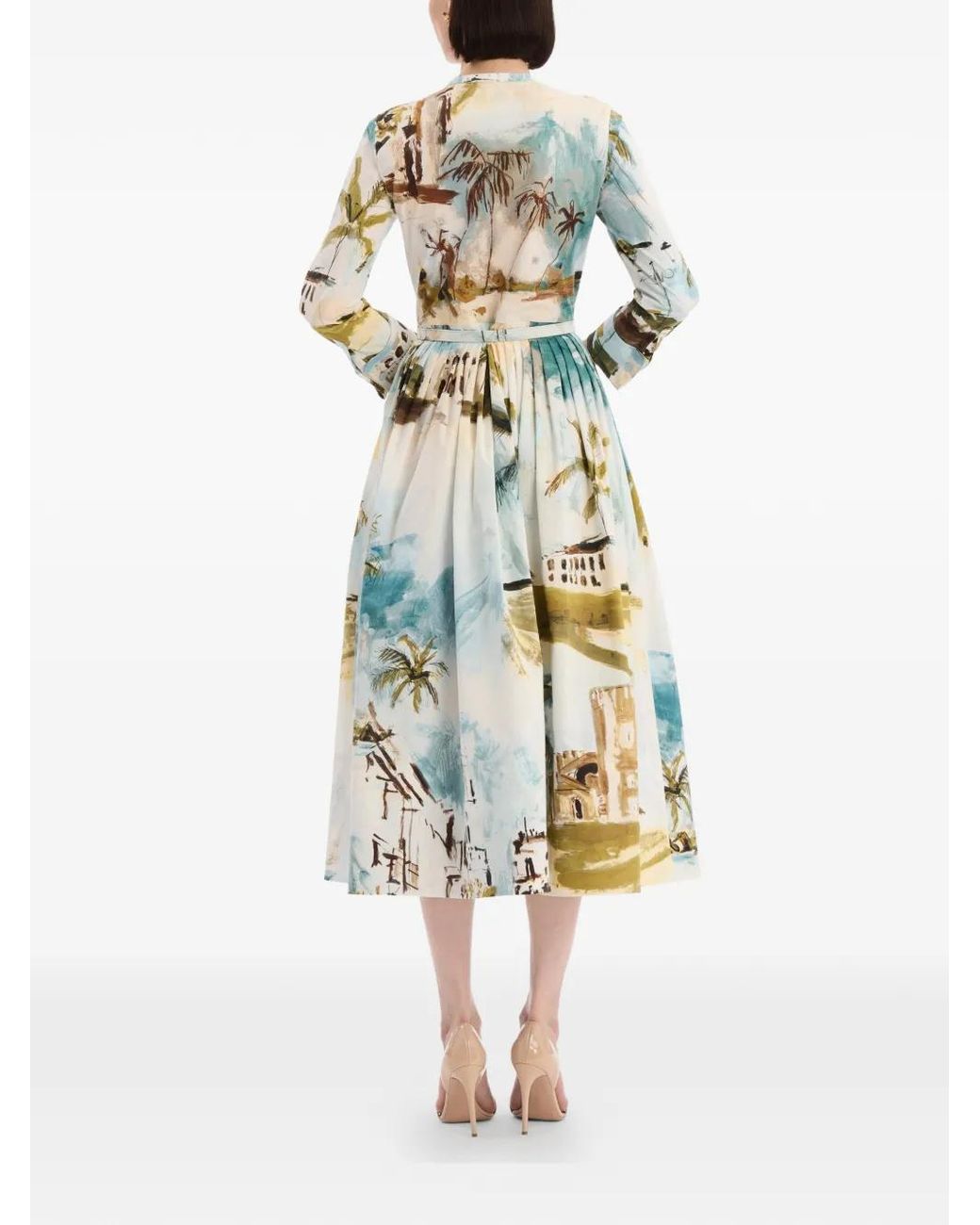 Oscar de la Renta White Dominican Landscape Cotton Poplin Short-Sleeve Dress