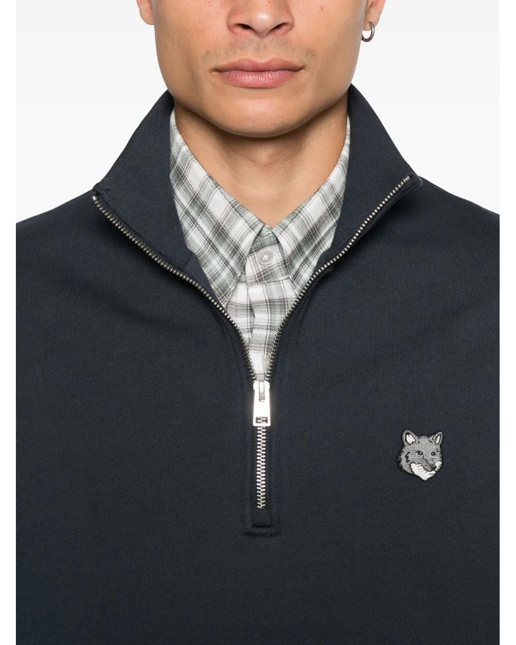 Maison Kitsuné Blue Half-Zip Fox-Head Sweatshirt for men