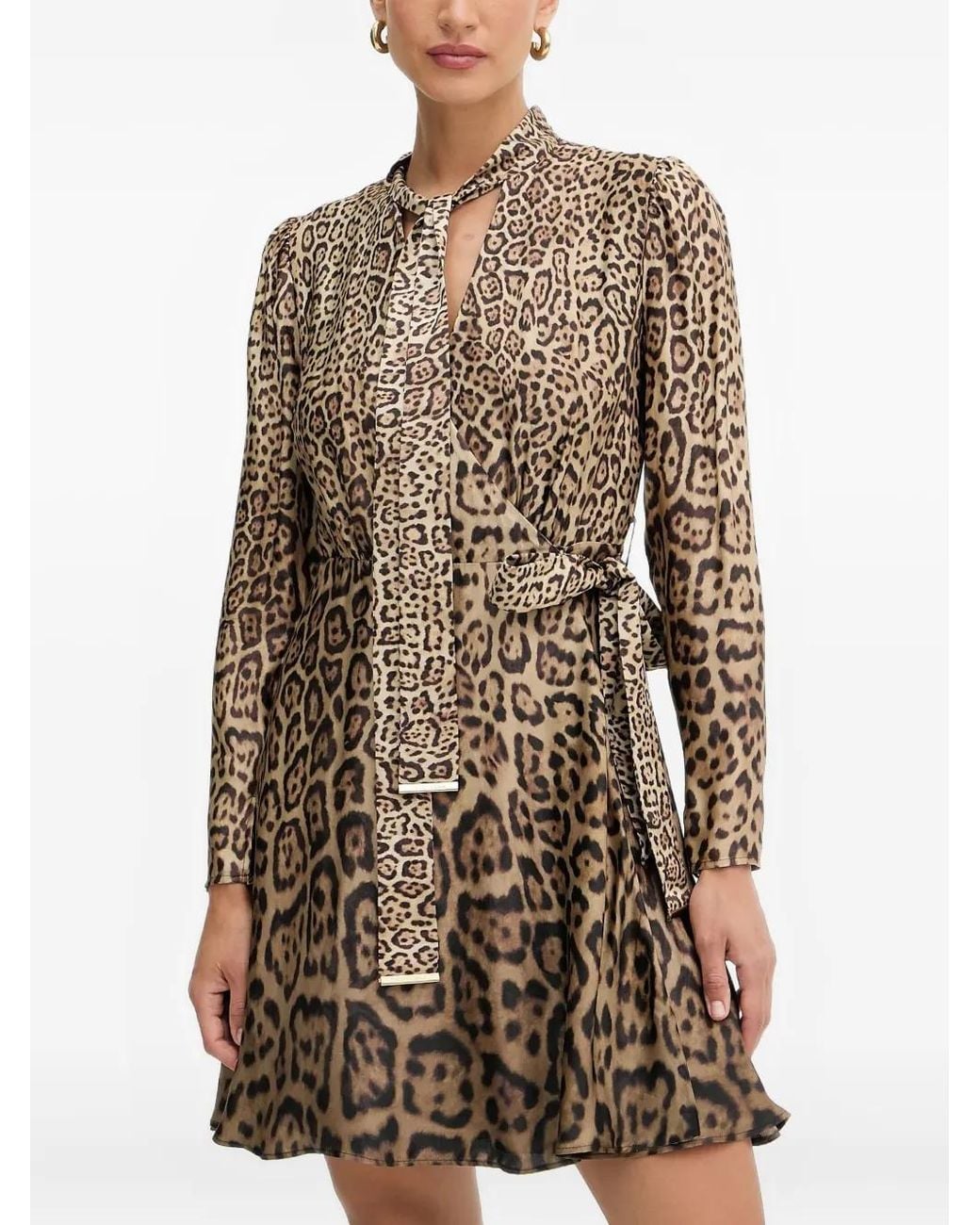 MARCIANO BY GUESS Brown Tie-Neck Leopard-Print Mini Dress