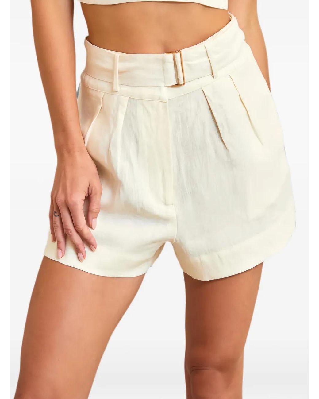 Hevron White Zinna Belted Pleated Shorts