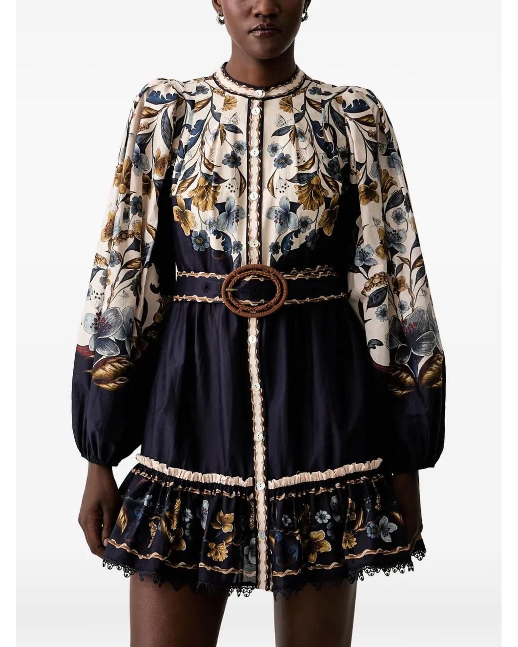 Farm Rio Black Belted Floral-Print Mini Dress