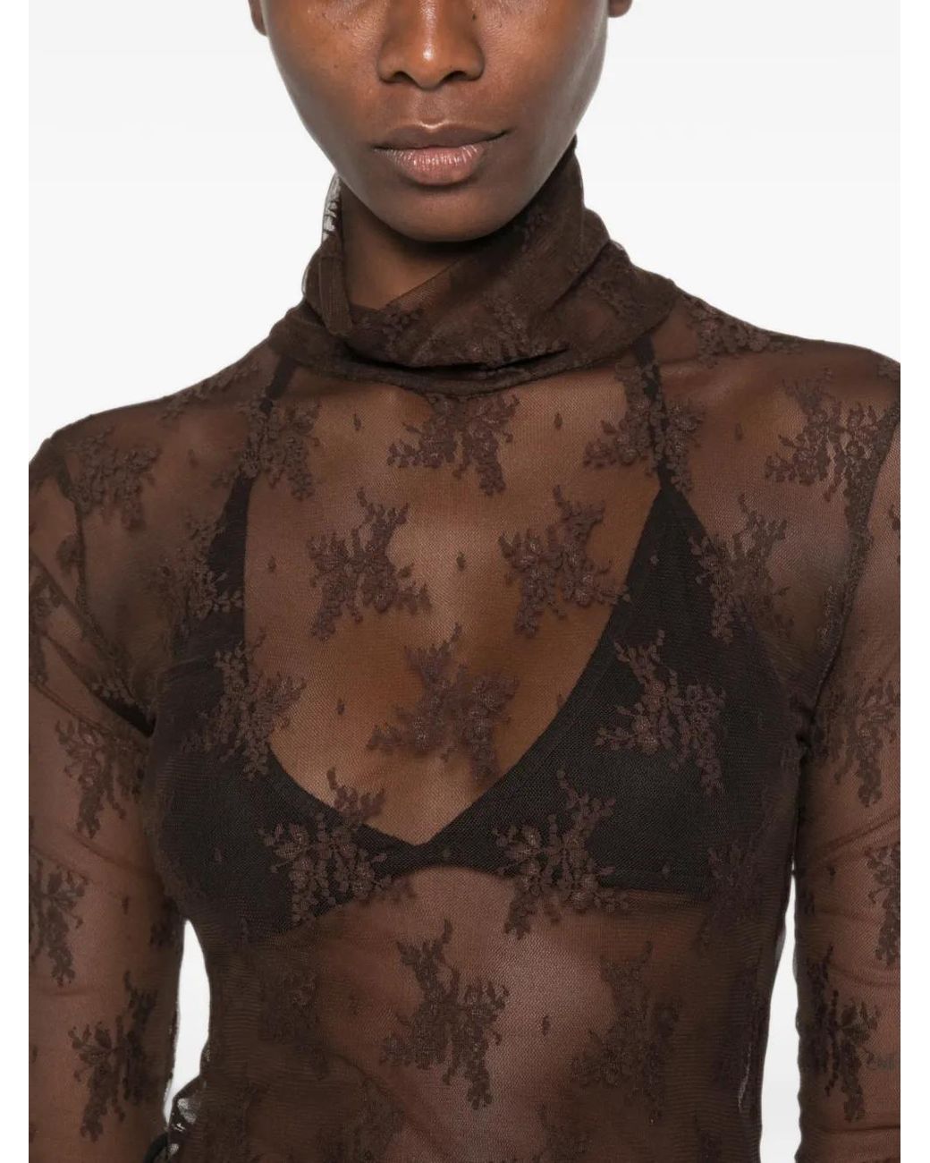 Imperial Brown Floral-Lace Roll-Neck Top