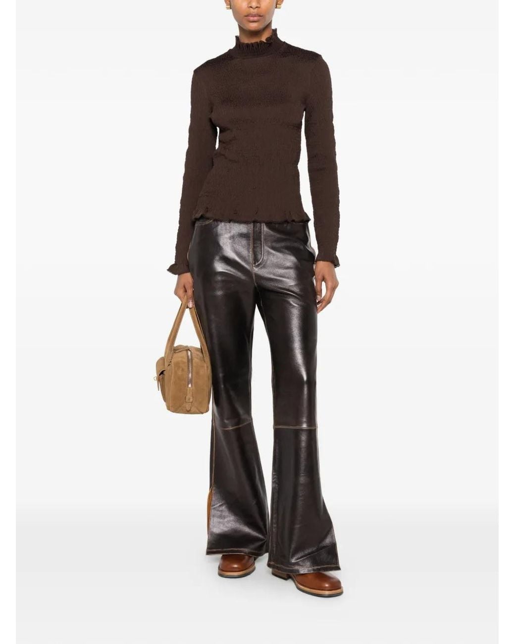 Sandro Brown Smocked T-Shirt With Ruffle Collar