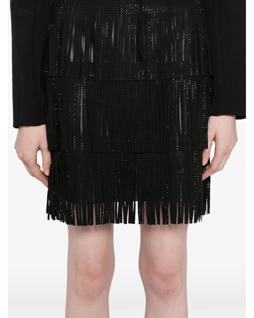 Karl Lagerfeld Black Rhinestone-Embellished Fringe Mini Skirt