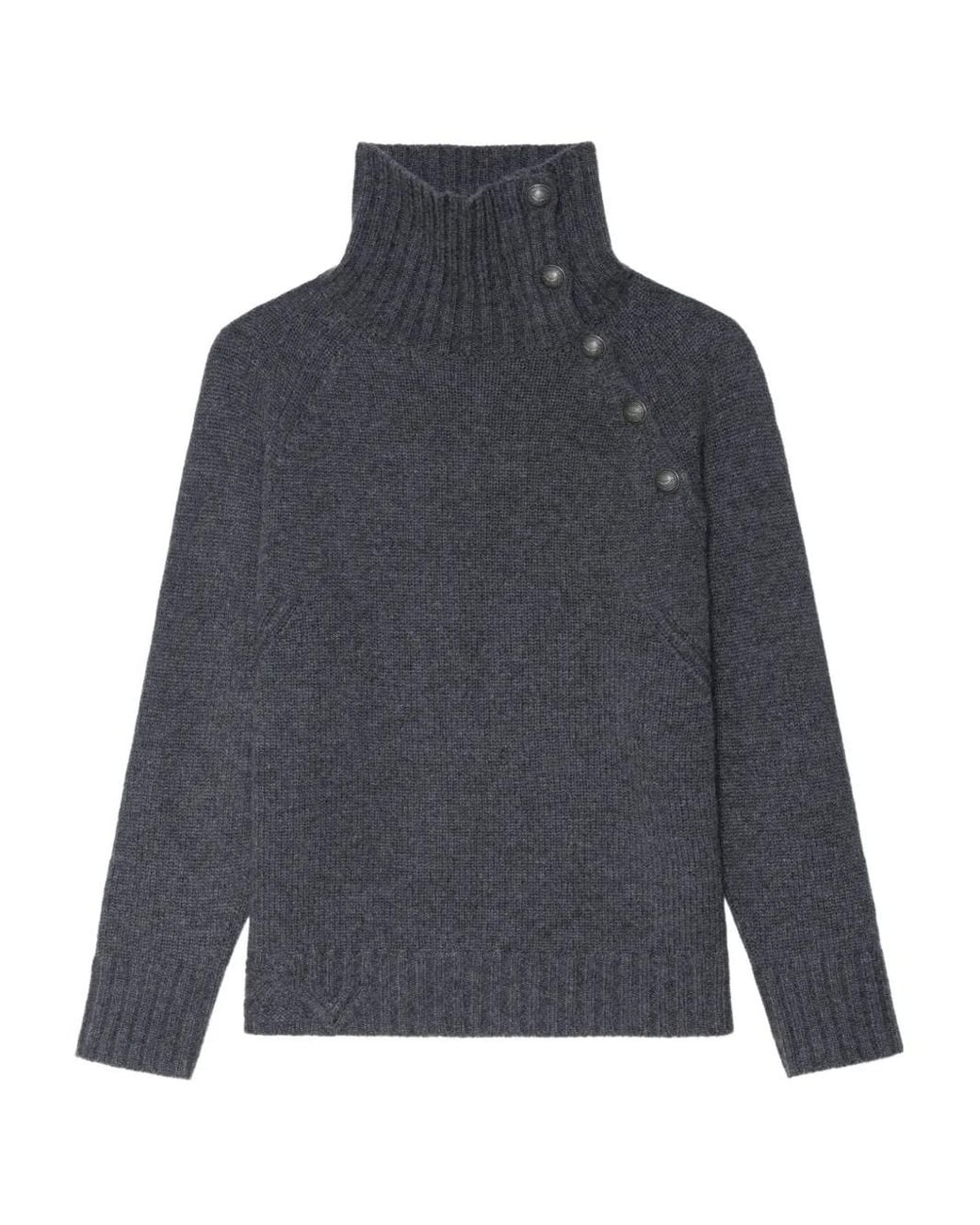 Zadig & Voltaire Gray Mora High-Neck Button-Detail Sweater