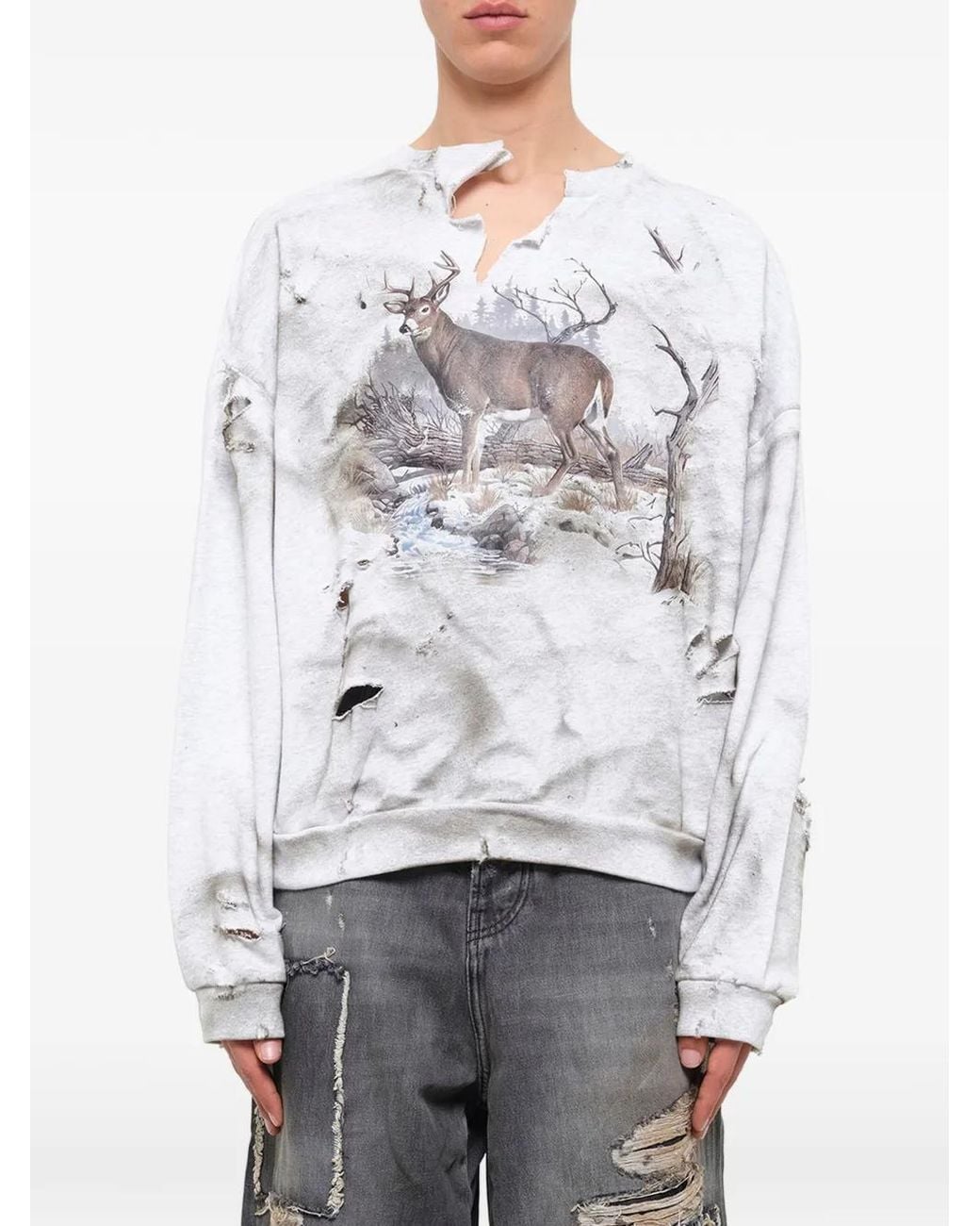 Waldi White Distressed Graphic-Print Sweatshirt for men