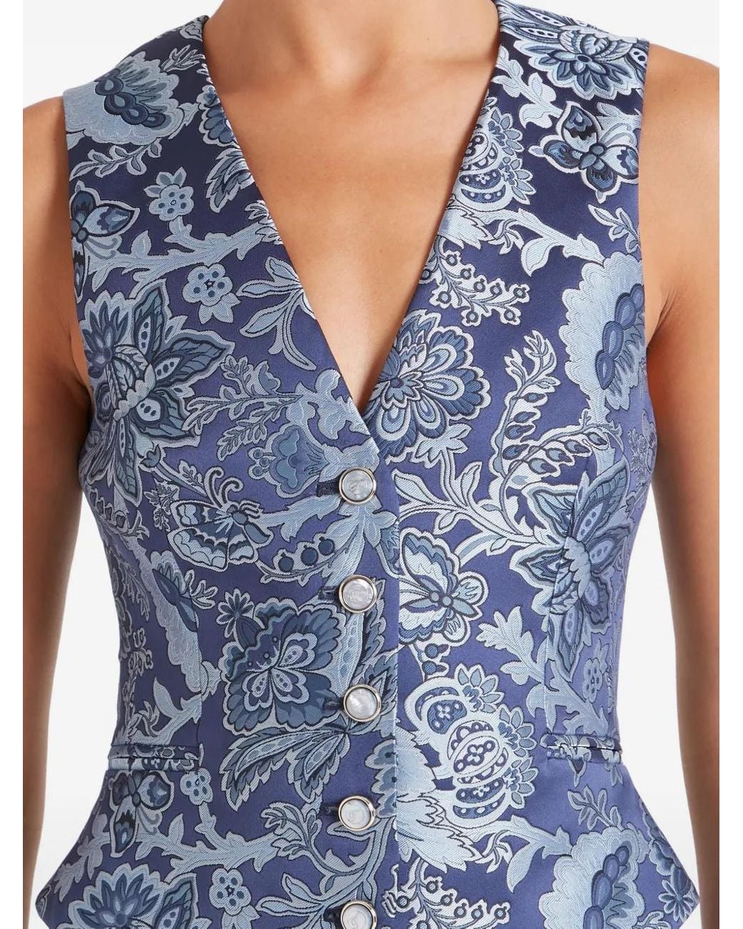 Temperley London Blue Floral-Print Buttoned Waistcoat