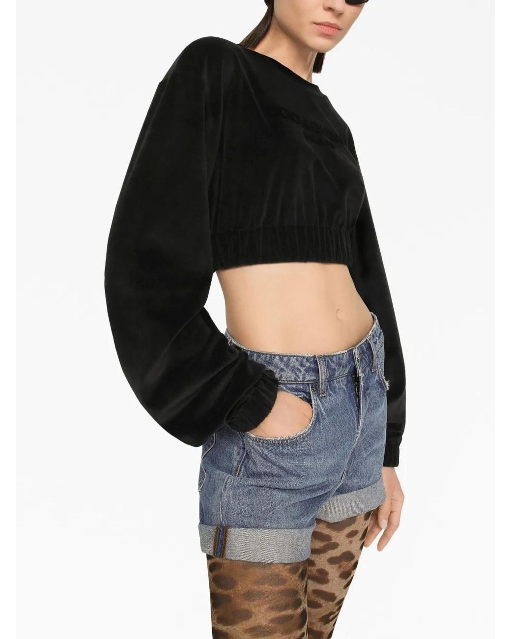 Dolce & Gabbana Black Cropped Chenille Sweatshirt With Carpet-Stitch Embroidery