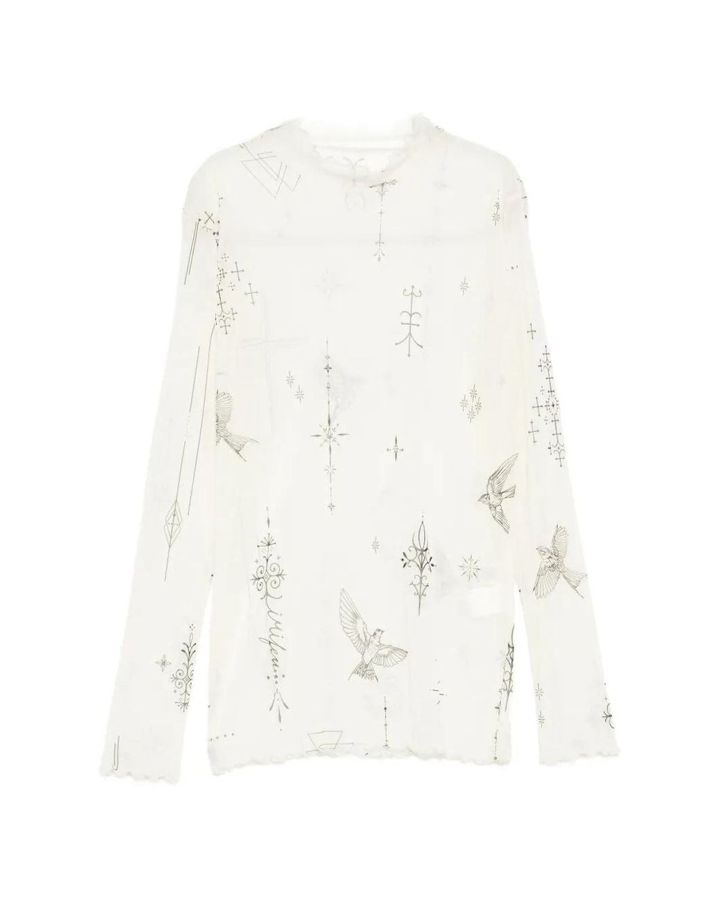 Limi Feu White Tattoo-Printed Tulle-Turtle Neck T-Shirt