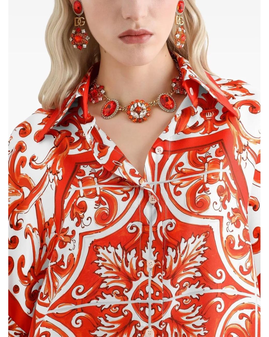 Chemise en soie à imprimé Maiolica Dolce & Gabbana en coloris Red
