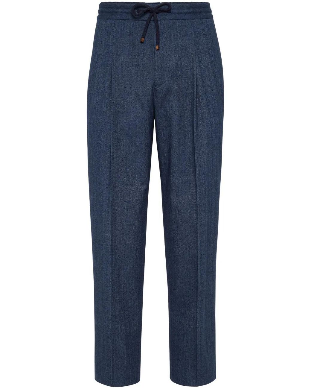 Brunello Cucinelli Blue Drawstring-Waistband Cotton Tapered Trousers for men