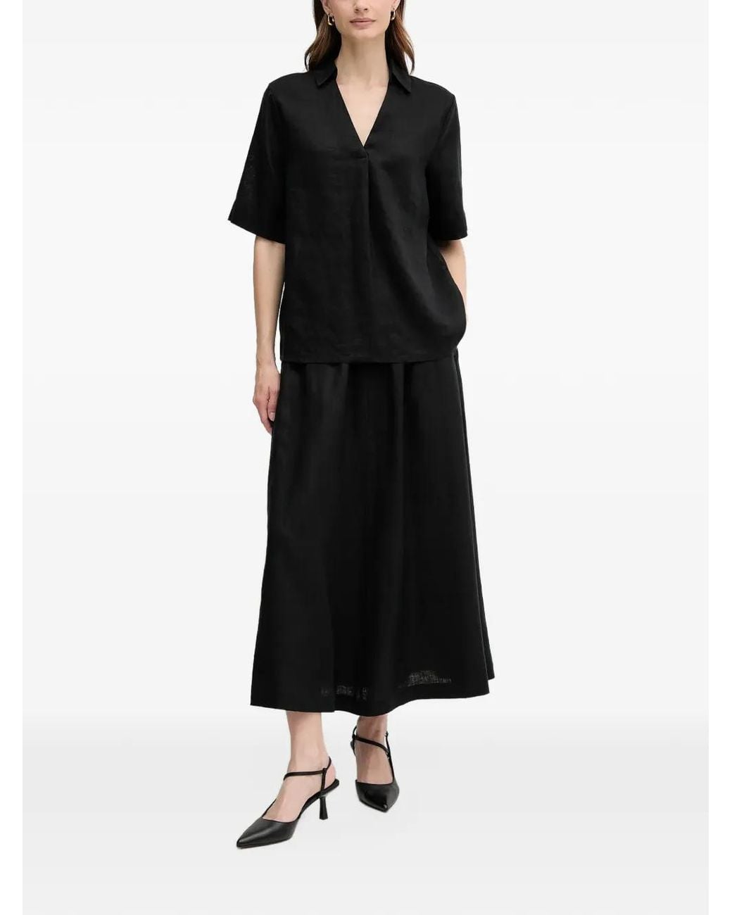 Benetton Black V-Neck Collared Blouse