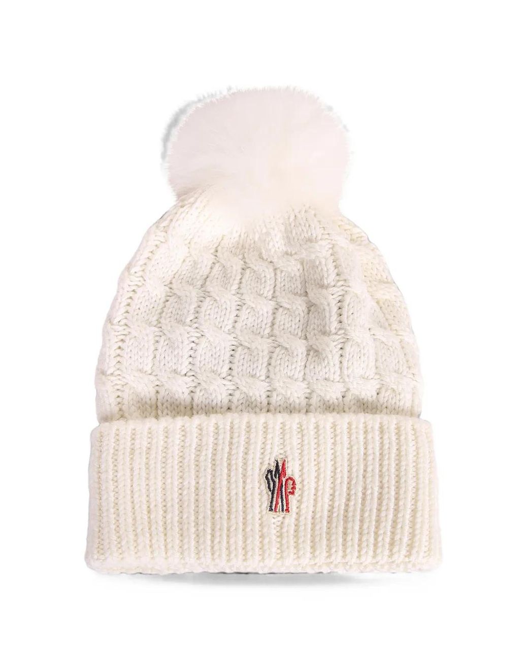 Moncler White Cable-Knit Pompom Beanie Hat