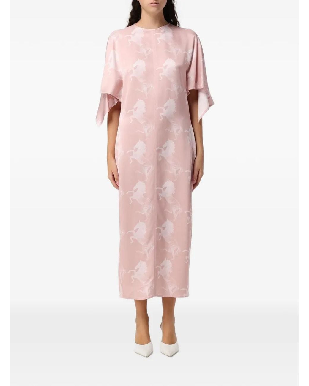 Stella McCartney Pink Horse-Print Cape-Sleeve Midi Dress