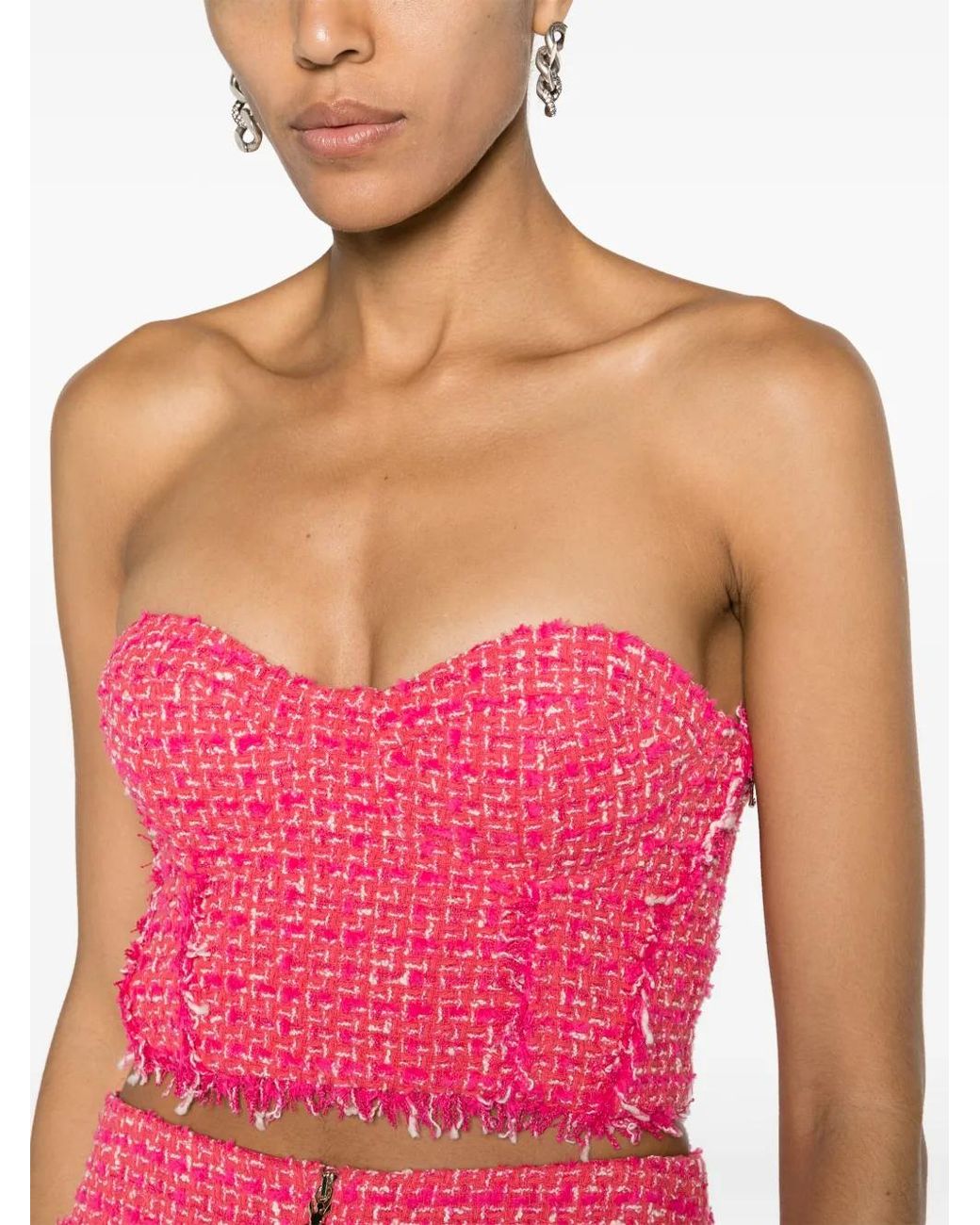 Patrizia Pepe Pink Frayed Tweed Bustier Top