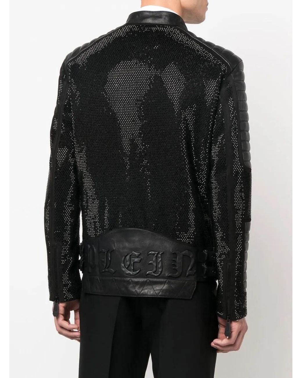 Philipp Plein Black Leather Disco Biker Jacket Crystals for men