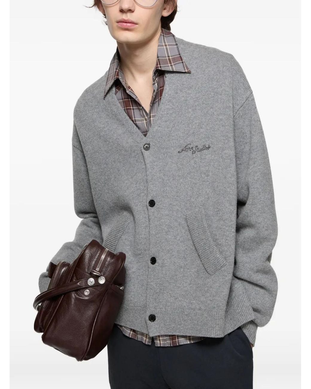 Acne Gray Embroidered Button Cardigan for men