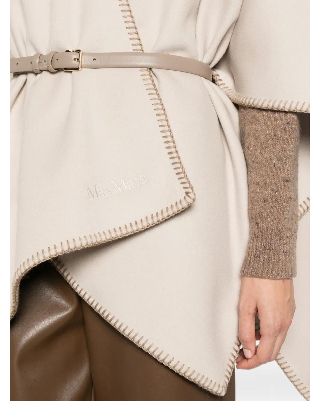 Max Mara Natural Colomba Belted Blanket-Stitch Poncho