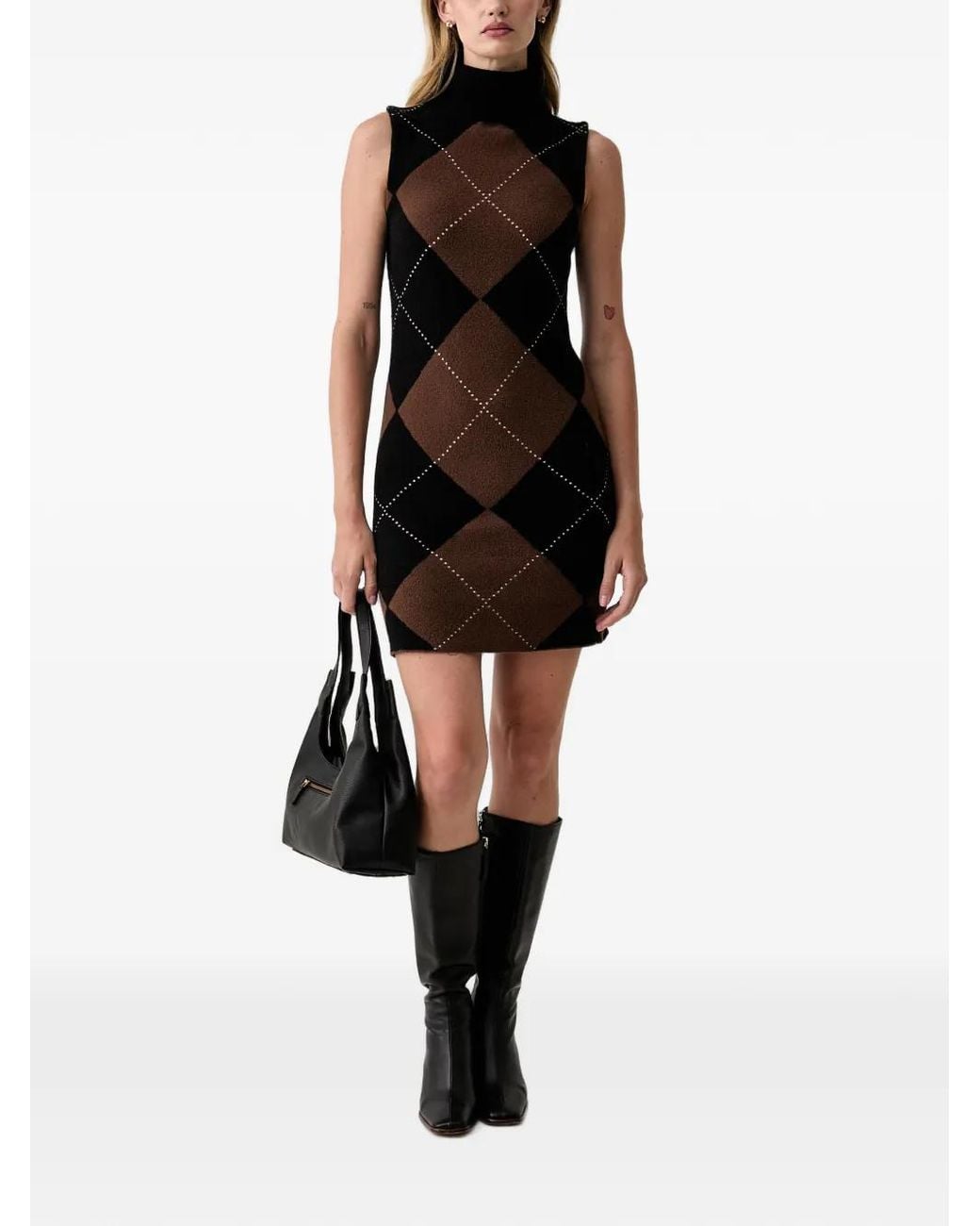 DKNY Black Argyle-Pattern High-Neck Mini Dress
