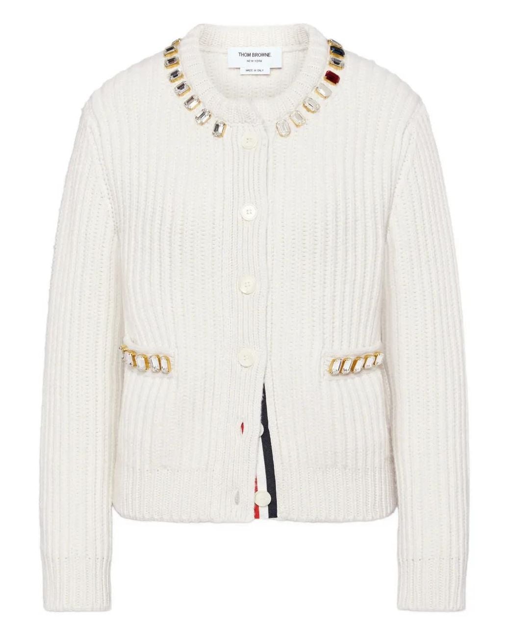 Thom Browne White Swarovski Crystal Half Stitch Cashmere Cardigan
