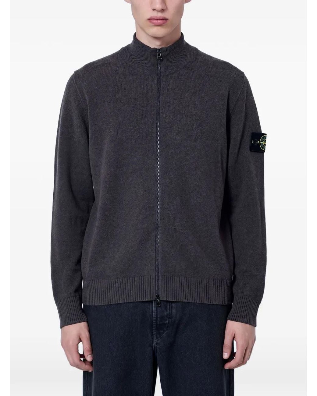 Stone Island Blue Logo-Patch Zip-Up Wool Sweater for men