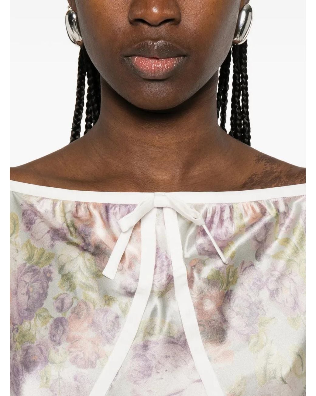 Alessandra Rich White Bow Floral Silk Midi Dress
