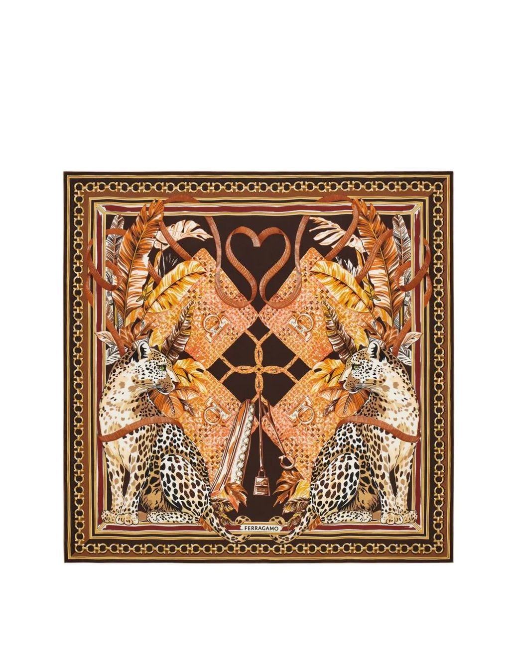 Ferragamo Brown Poised Leopards Print Silk Scarf
